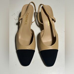 CHANEL Beige Leather Slingback Heels with Black Cap Toe